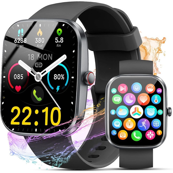 Bluetooth смарт часовник за мъже и жени, известия за съобщения, спорт и здраве, черен, 1.8 инча, водоустойчивост IP68