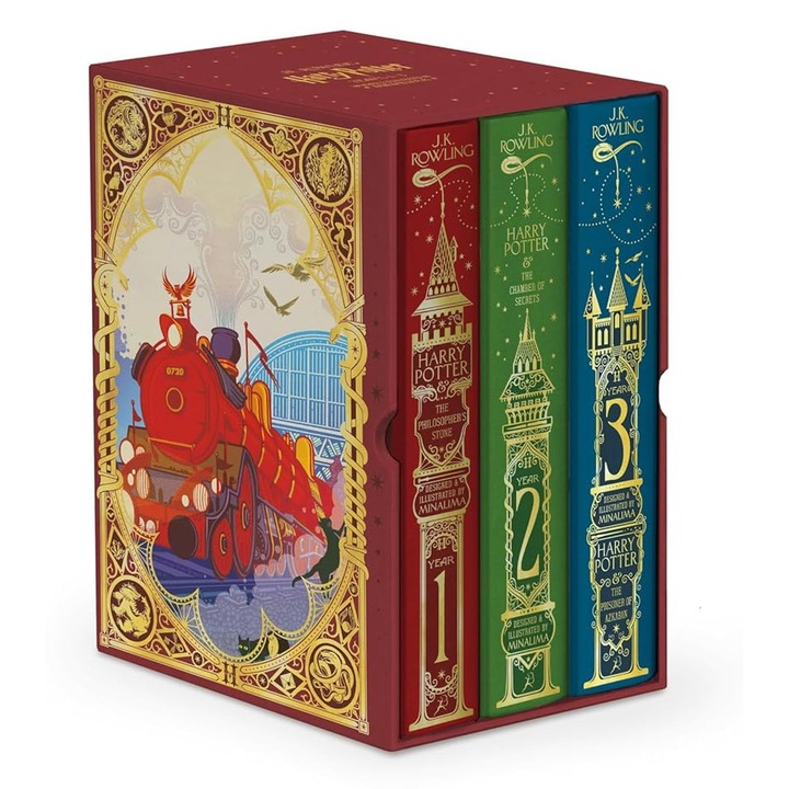 Set carti Harry Potter 1-3, J.K. Rowling, editia MinaLima, ilustratii color
