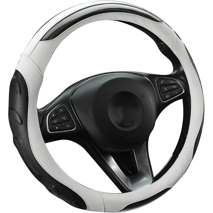 Калъф за волан, бял (черна линия), перфорирана кожа Nappa, карбонови влакна, диаметър 37-39 см