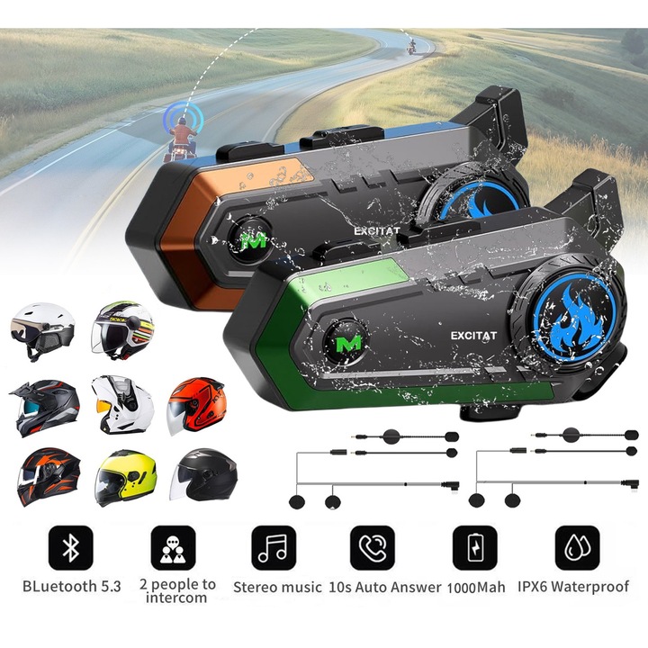 Set 2 Sistem de comunicare moto intercom, EXCITAT®, cu Bluetooth 5.3, 2 Microfon inclus, Aplicabil pentru toate tipurile de casti, reducere inteligenta a zgomotului, muzica stereo, impermeabil, music sharing, asistent vocal, distanta pana la 600m, Negru