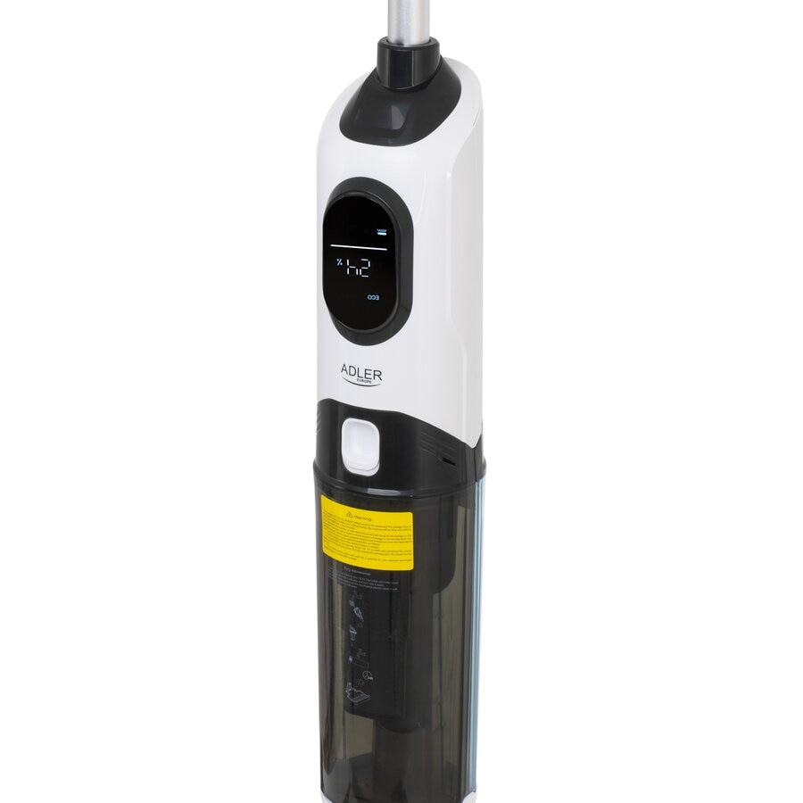 Aspirator fara fir 2 in 1 Adler AD 7077, Curatare umeda si uscata, Indicatii vocale inteligente, Afisaj LED, Filtru HEPA, Rola autocuratatoare, 120W, Alb