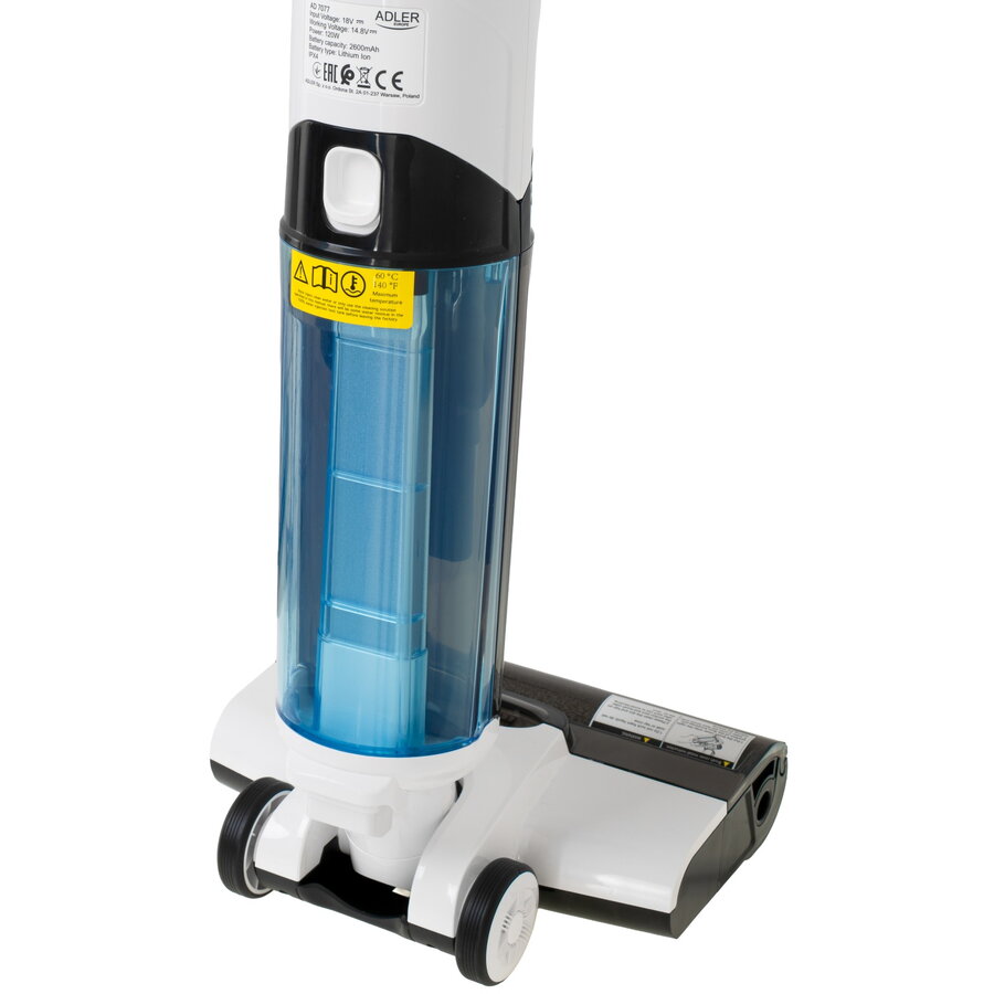 Aspirator fara fir 2 in 1 Adler AD 7077, Curatare umeda si uscata, Indicatii vocale inteligente, Afisaj LED, Filtru HEPA, Rola autocuratatoare, 120W, Alb