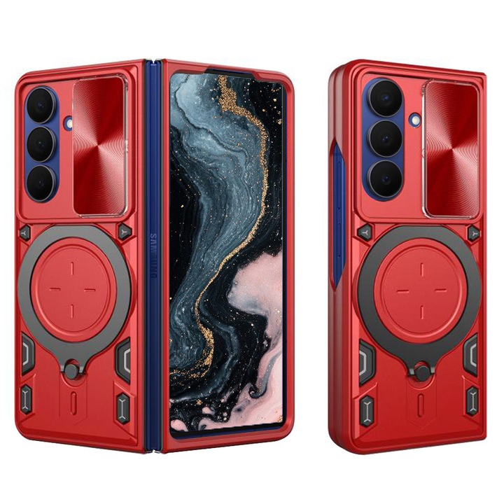 SurveilPro заден калъф с 360° пръстен за Samsung Galaxy Z Fold7 / Fold 7, подобрена защита, магнитна функция, въртящ се пръстен от неръждаема стомана, червен