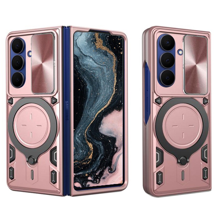 SurveilPro заден калъф с 360° пръстен за Samsung Galaxy Z Fold7 / Fold 7, подобрена защита, магнитна функция, въртящ се пръстен от неръждаема стомана, розов