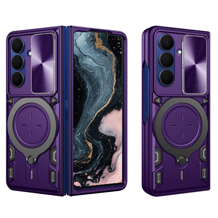 SurveilPro заден калъф с 360° пръстен за Samsung Galaxy Z Fold7 / Fold 7, подобрена защита, магнитна функция, въртящ се пръстен от неръждаема стомана, лилав