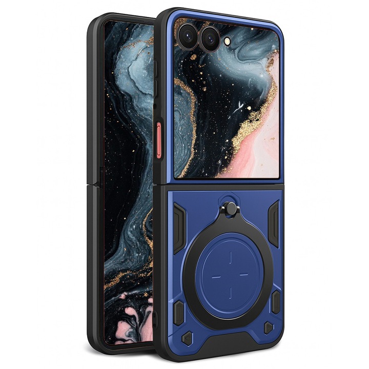 SurveilPro заден калъф с 360° пръстен за Samsung Galaxy Z Flip7 / Flip 7, подобрена защита, магнитна функция, въртящ се пръстен от неръждаема стомана, син