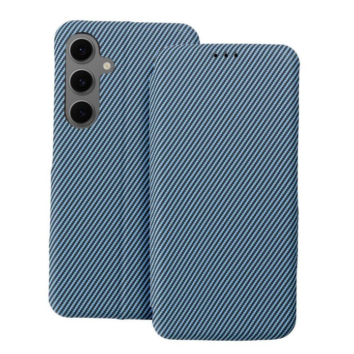 Husa telefon, tip carte, FOLIO cu magnet lateral, exterior carbon, compatibila cu Samsung Galaxy S25 Plus, interior piele ecologica, buzunar card, Albastra