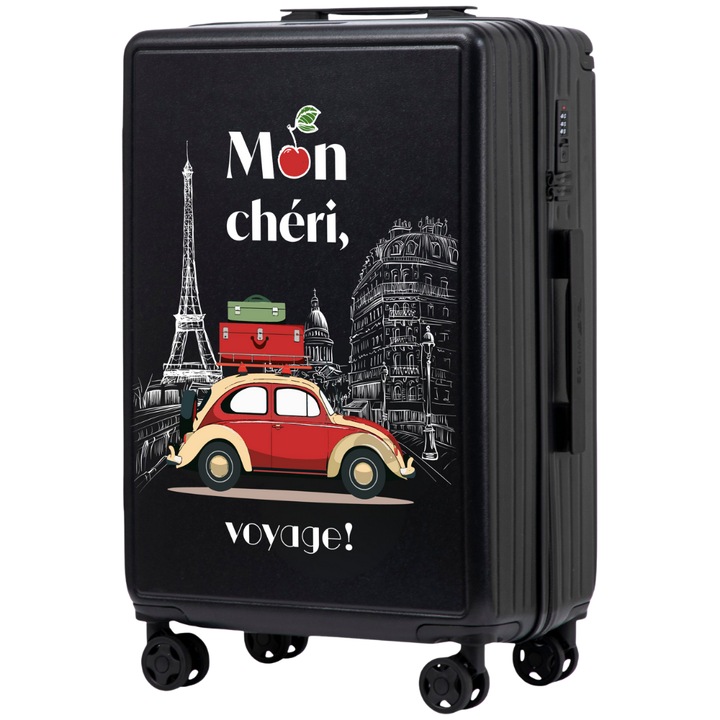 WINGS Среден куфар Mon Chéri, Романтичен дизайн във винтидж стил, Куфар 66,5x43x25,5 см, ABS+ Устойчив материал, Основен цвят Черен