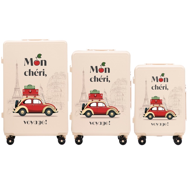 WINGS Комплект от 3 части куфари Mon Chéri S+M+L, Винтидж френски стил, Твърди куфари с кодово заключване, Основен цвят Бял