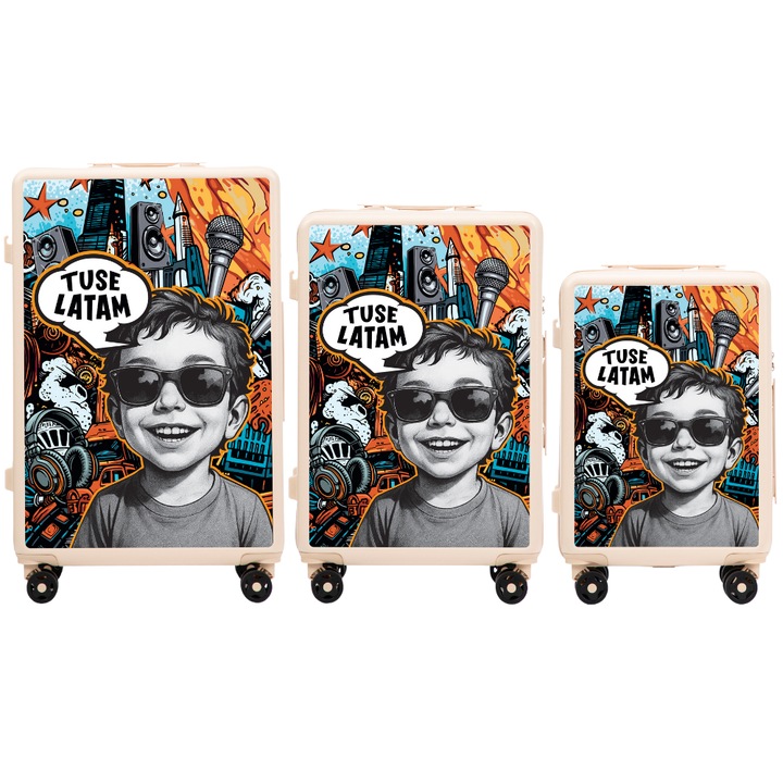 WINGS Комплект от 3 части Куфари TUSE – BOY S+M+L, Уникален дизайн от полски художник, Твърди куфари със заключване, Основен цвят Бял