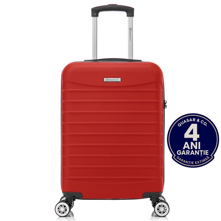 Troler cabina avion Quasar & Co.®, 55x36x20cm, bagaj de mana, troller cu fermoar antifurt, cifru, maner telescopic lung, geamantan cu 4 roti duble silentioase 360°, valiza ABS 2.8 mm, rezistent, 2 compartimente cu buzunar, 10kg, LINE, Rosu