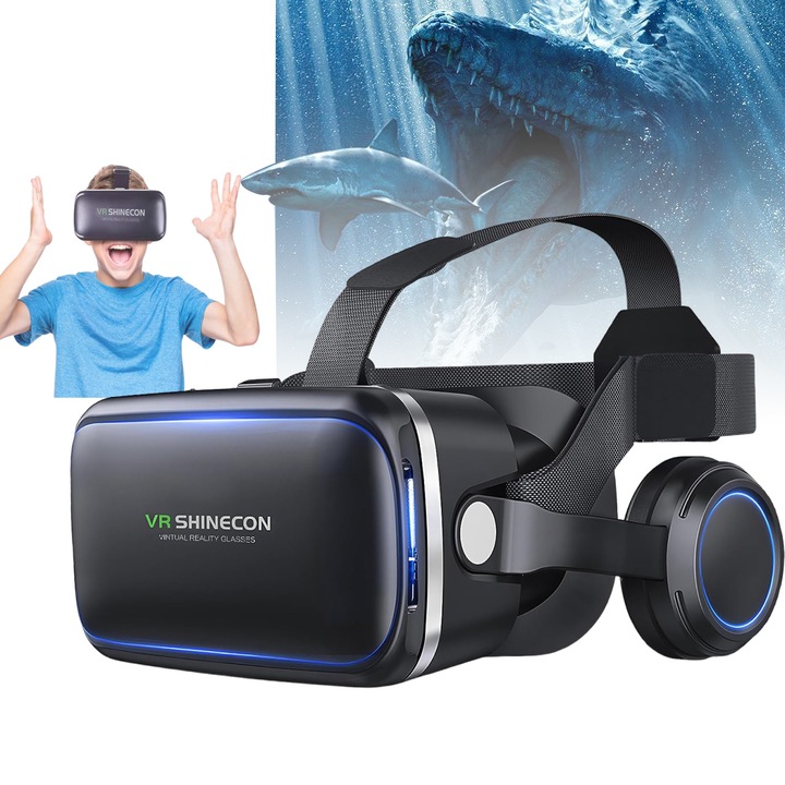 Ochelari VR 3D, lynker, Pentru Telefon, Realitate Virtuala, Lentila asferica din rasina optica cu diametrul de 40 mm (suporta miopie sub 600 de grade cu ochiul liber), 415g, Compatibili cu Smartphone-uri iOS si Android, ABS, Reglabil, Negru