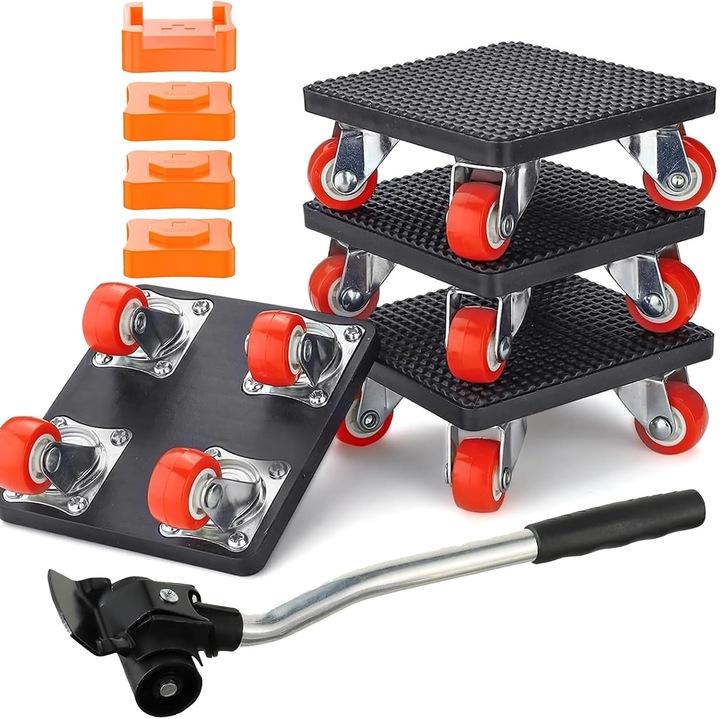 Kit 9 Role pentru transport mobilier, Suppop®, Cu booster pad, Roti rotative la 360 de grade, capacitate de incarcare de 500 kg, Negru/Portocaliu