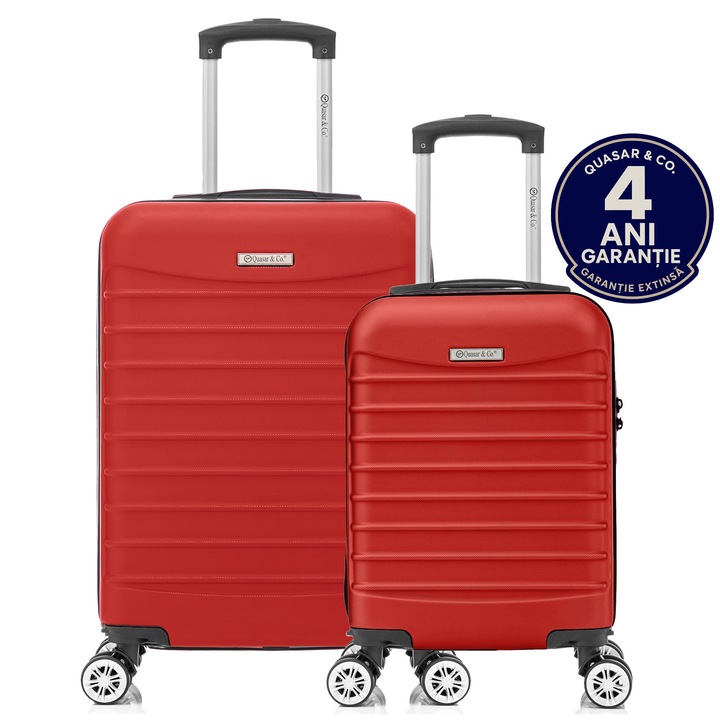 Set 2 trolere cabina Quasar & Co.®, 40x30x20 cm cu roti detasabile si 55x36x20 cm, bagaj de mana, troller cu fermoar antifurt, cifru, maner telescopic lung, geamantan 4 roti duble 360°, valiza ABS 2.8 mm rezistent, 10kg, LINE, Rosu