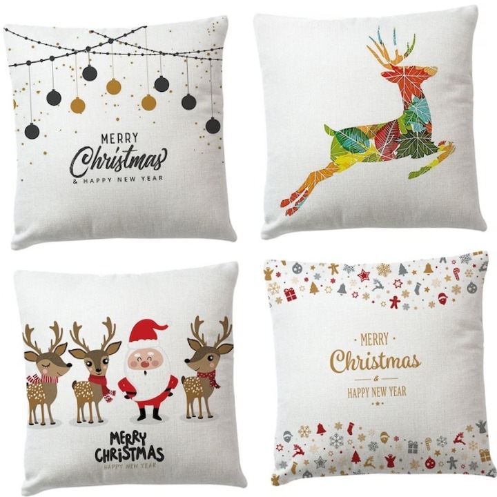 4 darabos karácsonyi párnahuzat készlet, 18x18 hüvelyk, Mikulás és rénszarvas design, többszínű