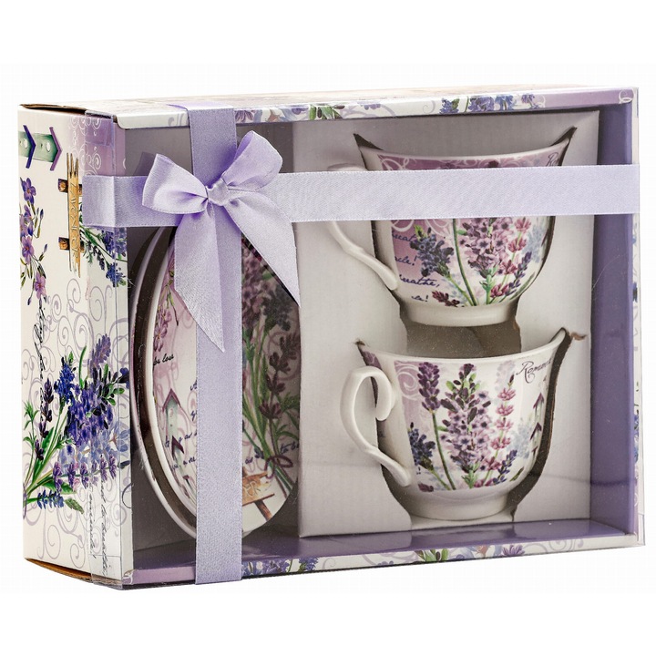 Set cesti portelan cu lavanda, 2 piese, farfurioare incluse, cutie cadou