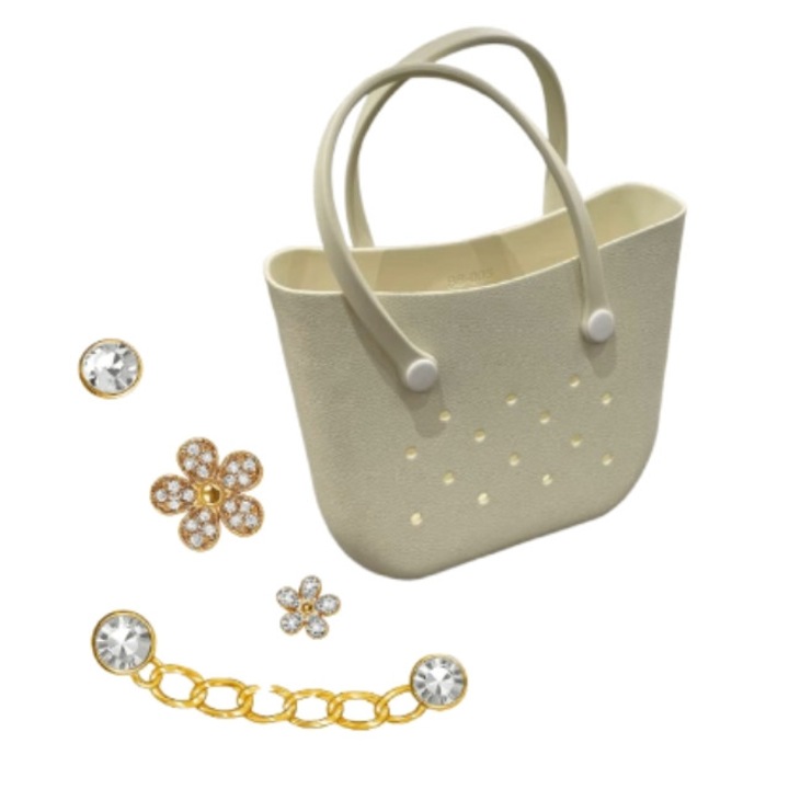 Multifunkcionális bevásárlótáska és 4 arany kiegészítő, EVA, vízálló, 40X12X30cm, elefántcsont-arany