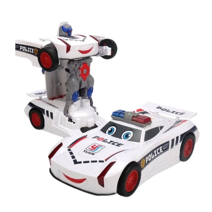 Робот трансформер, форма на полицейска кола, избягване на препятствия, музика, светлини, устойчив на падане, бял