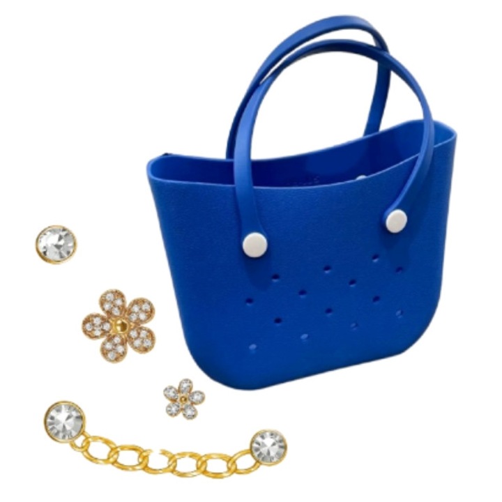 Multifunkcionális bevásárlótáska és 4 arany kiegészítő, EVA, vízálló, 40X12X30cm, kék-arany