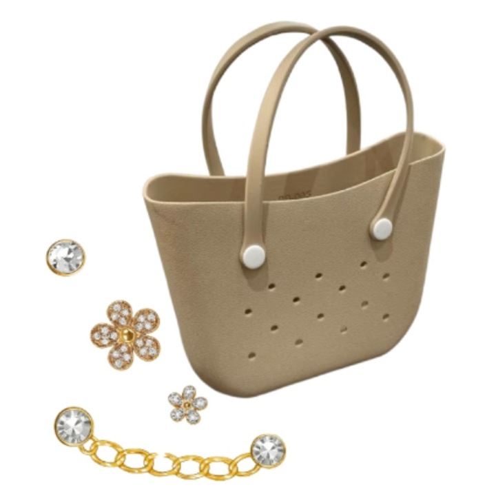 Multifunkcionális bevásárlótáska és 4 arany kiegészítő, EVA, vízálló, 40X12X30cm, bézs-arany