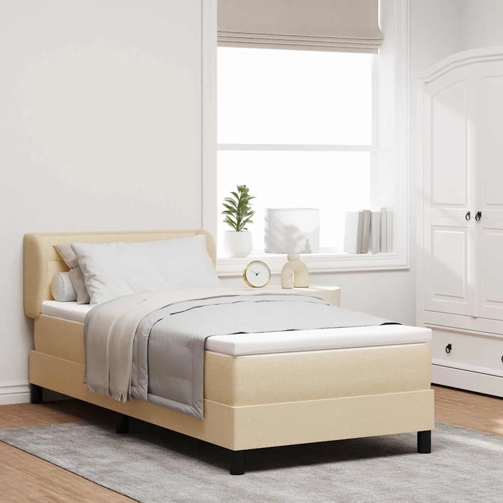 Pat Box Spring VidaXL, crem, 80x200cm, cu saltea, capitan reglabil