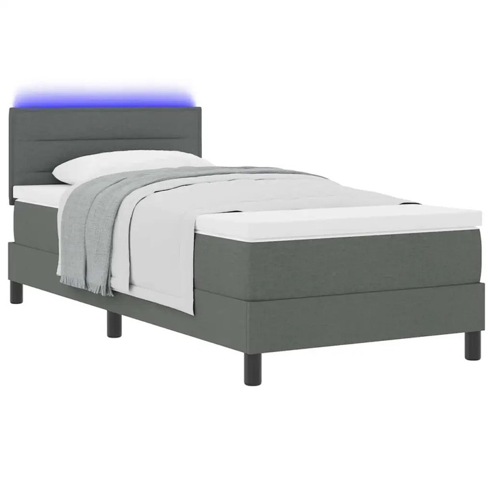 Pat Box Spring VidaXL cu saltea și iluminare LED, gri, 90x200 cm, cu sertare de depozitare