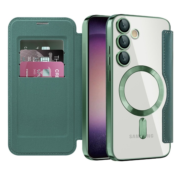 Husa pentru Samsung Galaxy S23 tip carte, SKYDDAR INOVATION, SmartMag Book, Magsafe, RFiD, Suport Carduri, set cu sticker, Verde
