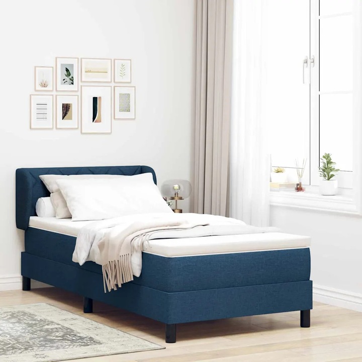 Pat Box Spring VidaXL, 90x200cm, albastru, cu saltea, capitan reglabil