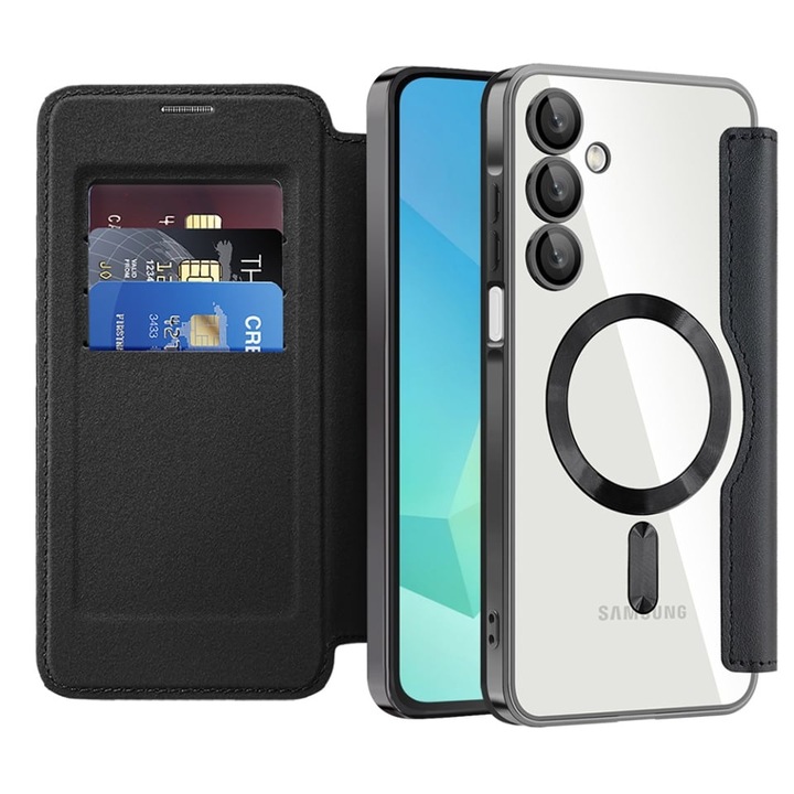 Husa pentru Samsung Galaxy A16 4G / Galaxy A16 5G tip carte, SKYDDAR INOVATION, SmartMag Book, Magsafe, RFiD, Suport Carduri, set cu sticker, Negru