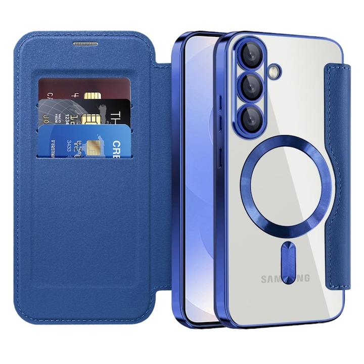 Husa pentru Samsung Galaxy S25 Plus tip carte, SKYDDAR INOVATION, SmartMag Book, Magsafe, RFiD, Suport Carduri, set cu sticker, Albastru