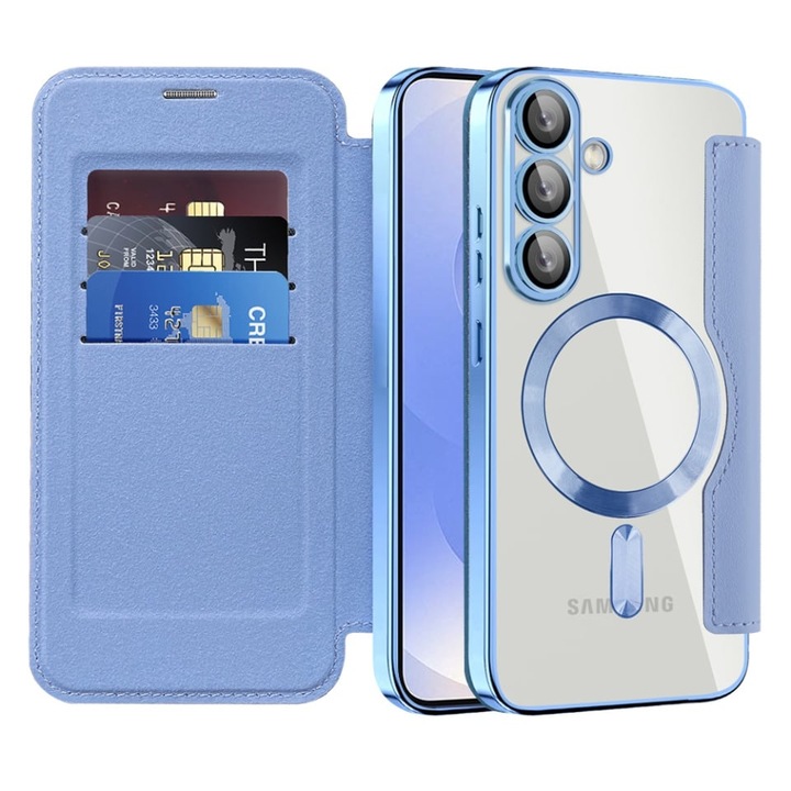 Husa pentru Samsung Galaxy S25 tip carte, SKYDDAR INOVATION, SmartMag Book, Magsafe, RFiD, Suport Carduri, set cu sticker, Bleu