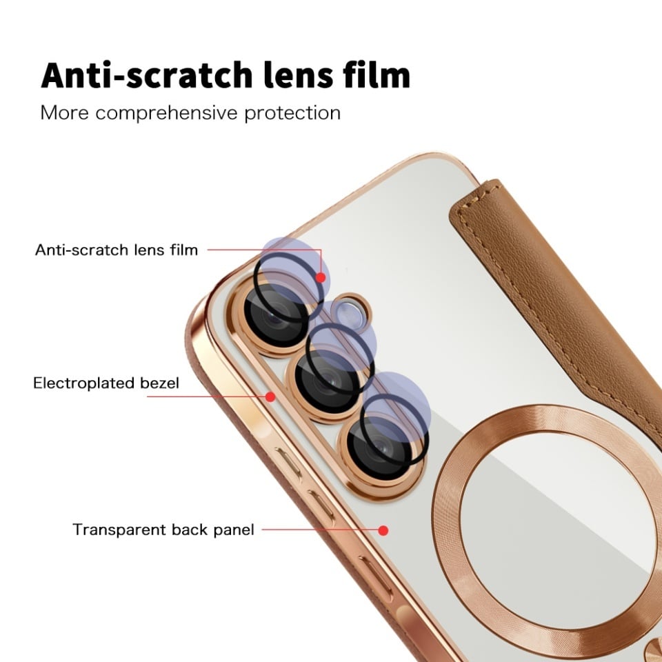 Husa pentru Samsung Galaxy A56 5G tip carte, SKYDDAR INOVATION, SmartMag Book, Magsafe, RFiD, Suport Carduri, set cu sticker, Maro