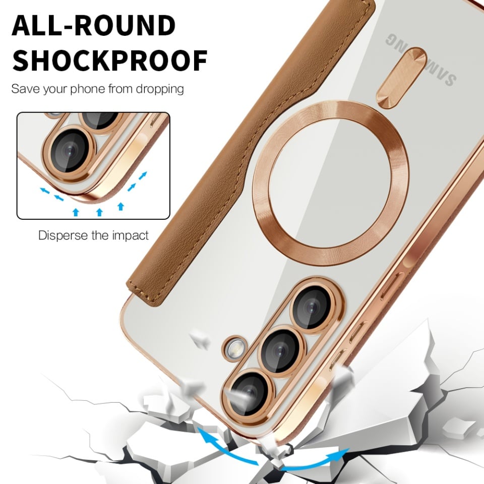 Husa pentru Samsung Galaxy A56 5G tip carte, SKYDDAR INOVATION, SmartMag Book, Magsafe, RFiD, Suport Carduri, set cu sticker, Maro