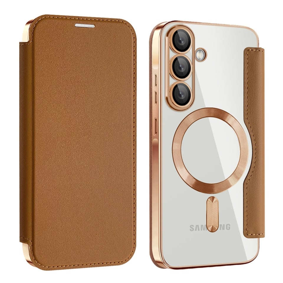 Husa pentru Samsung Galaxy A56 5G tip carte, SKYDDAR INOVATION, SmartMag Book, Magsafe, RFiD, Suport Carduri, set cu sticker, Maro