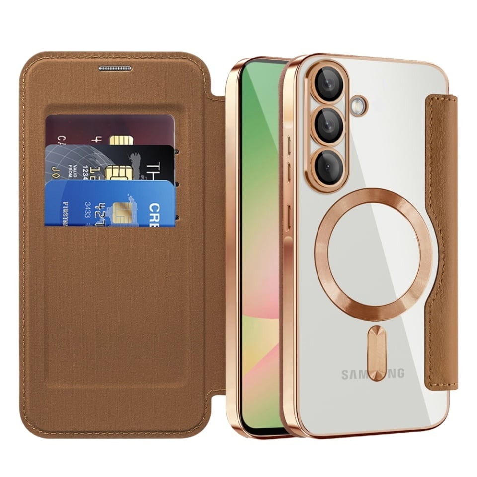 Husa pentru Samsung Galaxy A56 5G tip carte, SKYDDAR INOVATION, SmartMag Book, Magsafe, RFiD, Suport Carduri, set cu sticker, Maro