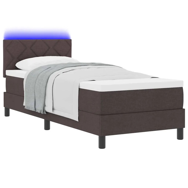 Pat box spring VidaXL cu saltea și LED, 80x200 cm, maro închis, suport până la 150 kg