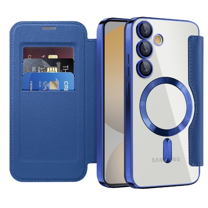 Husa pentru Samsung Galaxy S24 FE tip carte, SKYDDAR INOVATION, SmartMag Book, Magsafe, RFiD, Suport Carduri, set cu sticker, Albastru