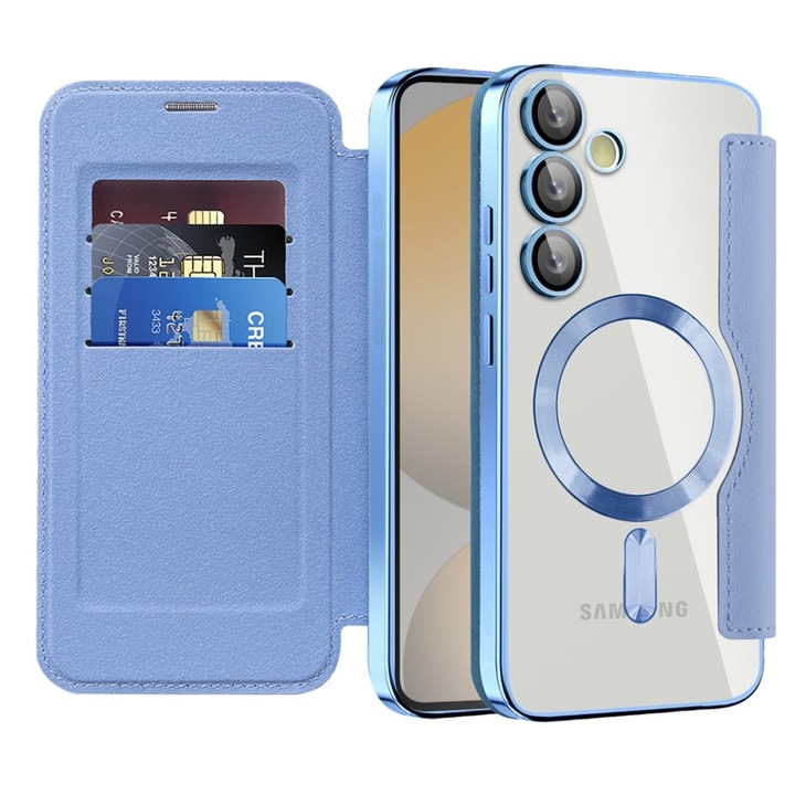 Husa pentru Samsung Galaxy S24 FE tip carte, SKYDDAR INOVATION, SmartMag Book, Magsafe, RFiD, Suport Carduri, set cu sticker, Bleu