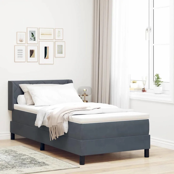 Pat Box Spring VidaXL, catifea gri închis, 100x200 cm, suport mediu-tare