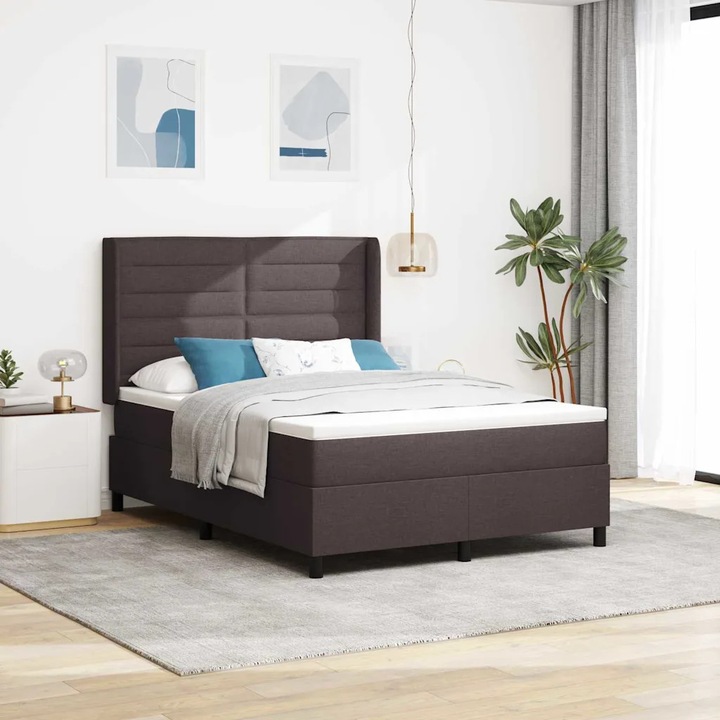 Pat boxspring cu saltea, VidaXL, 140x200cm, spuma confortabila, suport mediu-tare, culoare maro inchis