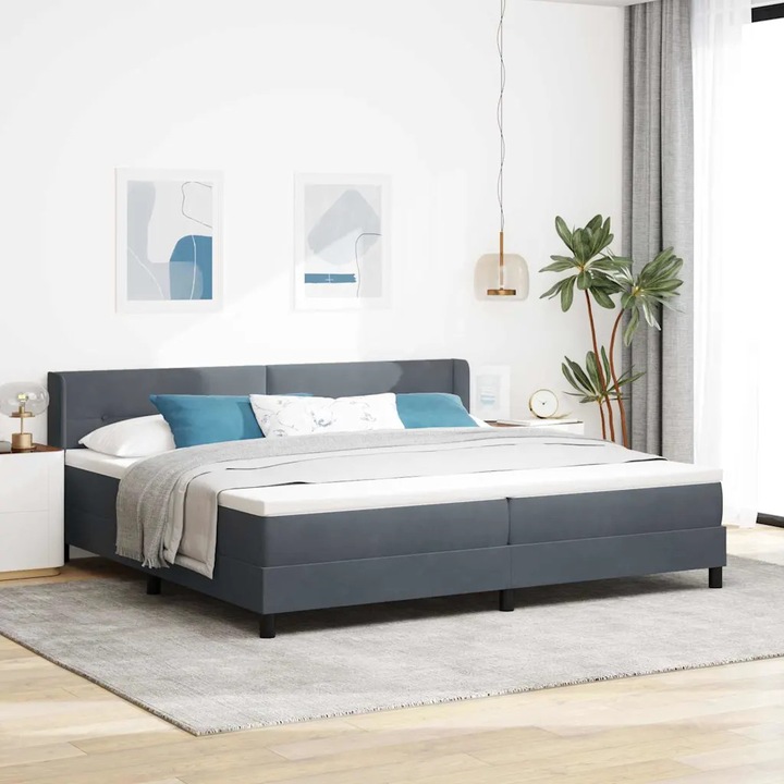 Pat Box Spring cu saltea VidaXL, 200x200 cm, gri inchis, catifea