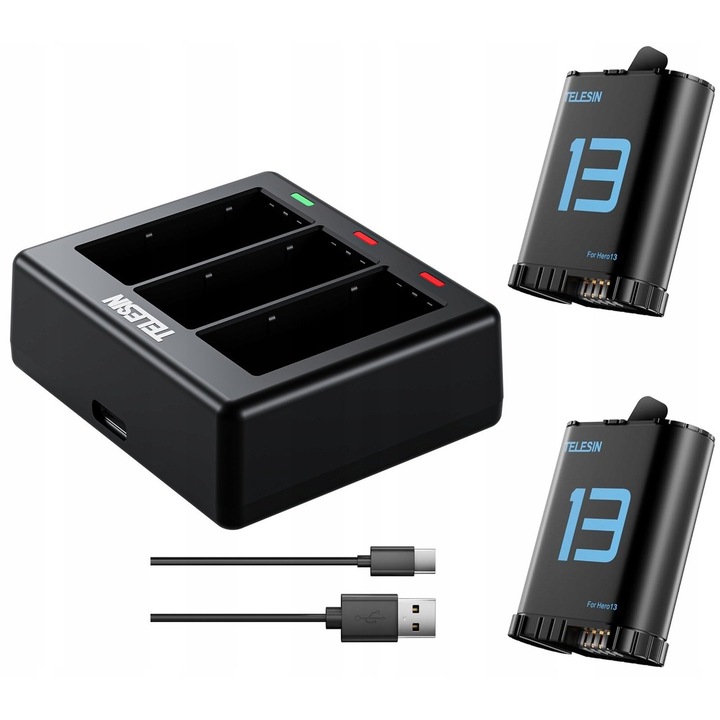 Incarcator USB + 2x Baterii Reincarcabile pentru GoPro Hero 13 NEGRU, TELESIN, S0-ECB-07-TGP
