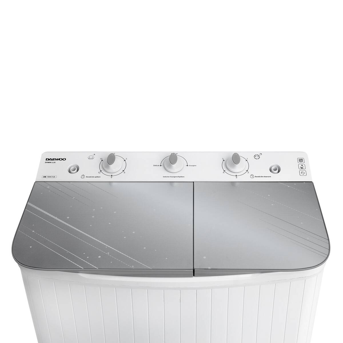 Masina de spalat rufe semiautomata Daewoo DSWM 5.3S, Capacitate rufe uscate 5 Kg, Capacitate rufe storcere 2.5 Kg, Alb/Silver