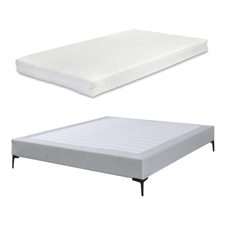 Pat, en.casa, Lilla, 200 x 180 cm, placa lemn stratificat, poliester, metal, gri deschis, cu saltea