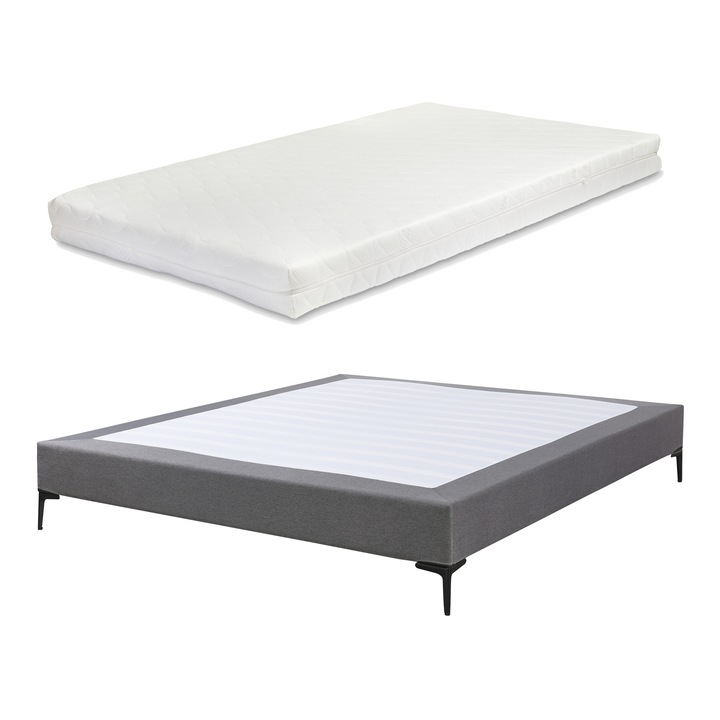 Pat, en.casa, Lilla, 200 x 180 cm, placa lemn stratificat, poliester, metal, gri inchis, cu saltea