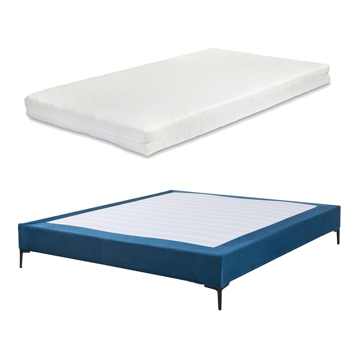 Pat, en.casa, Lilla, 200 x 140 cm, placa lemn stratificat, poliester, metal, albastru, cu saltea