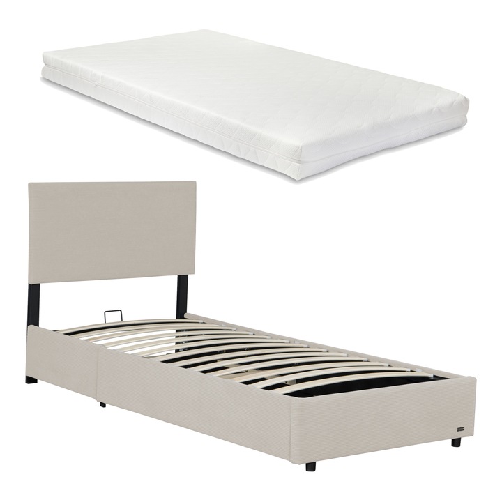 Pat, Corium, Juva, 200x90cm, lemn, metal, poliester, bej, cu saltea