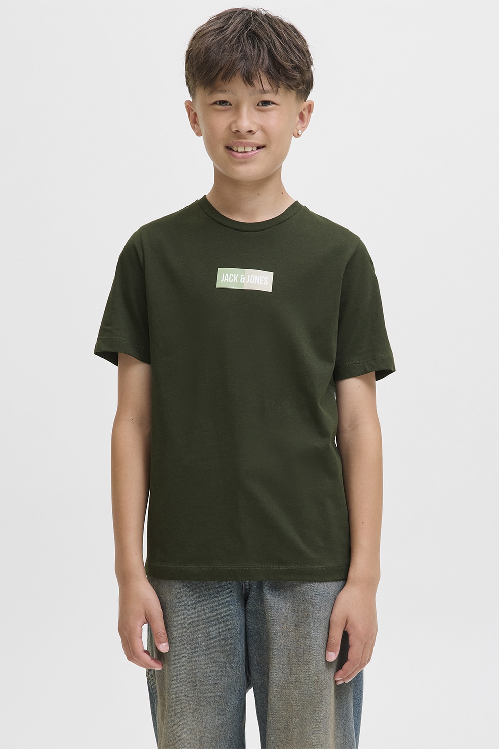 Jack & Jones, Tricou cu imprimeu logo discret si decolteu la baza gatului, Verde englez, 140 CM
