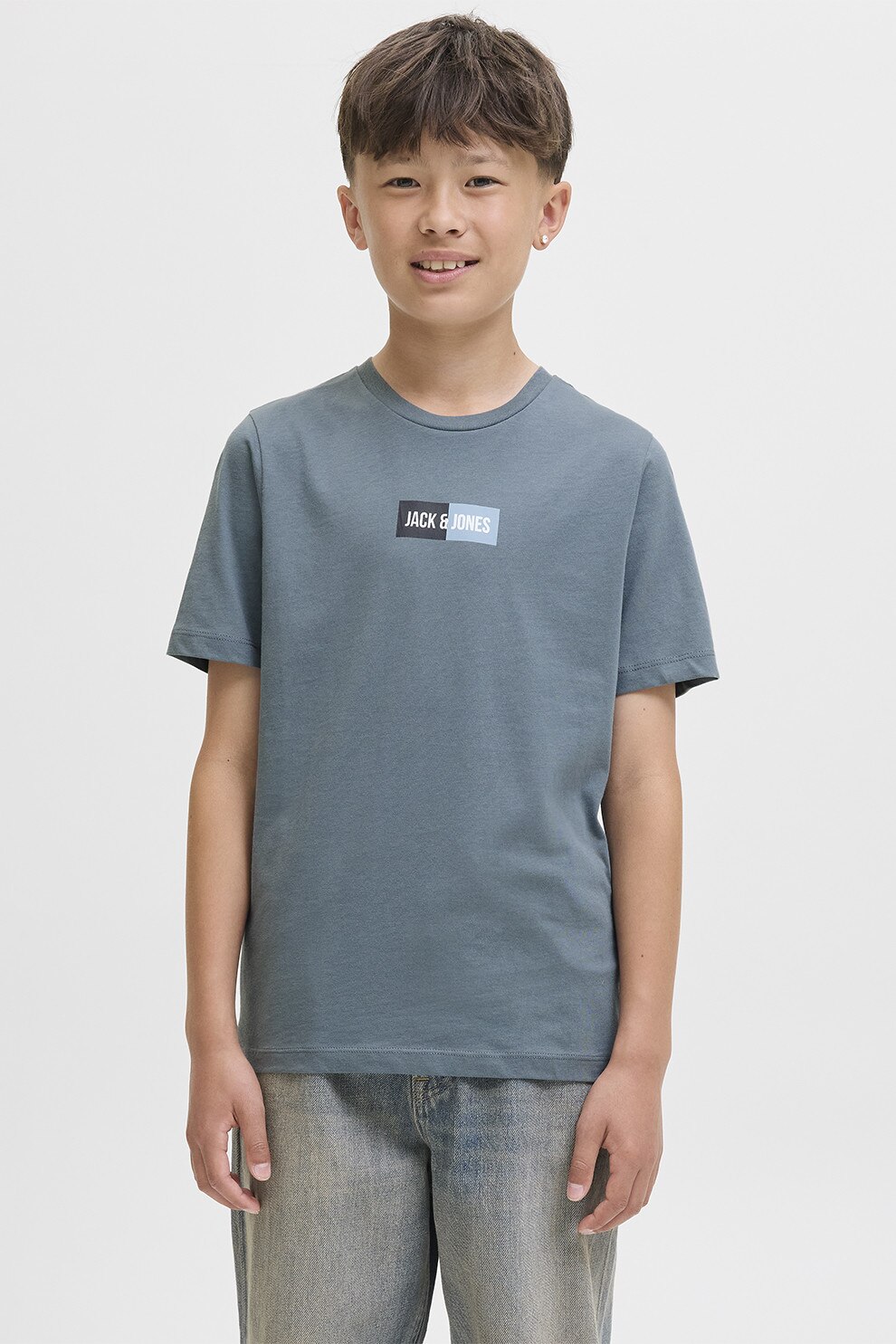 Jack & Jones, Tricou cu imprimeu logo discret si decolteu la baza gatului, Alb, Negru, Albastru prafuit, 152 CM