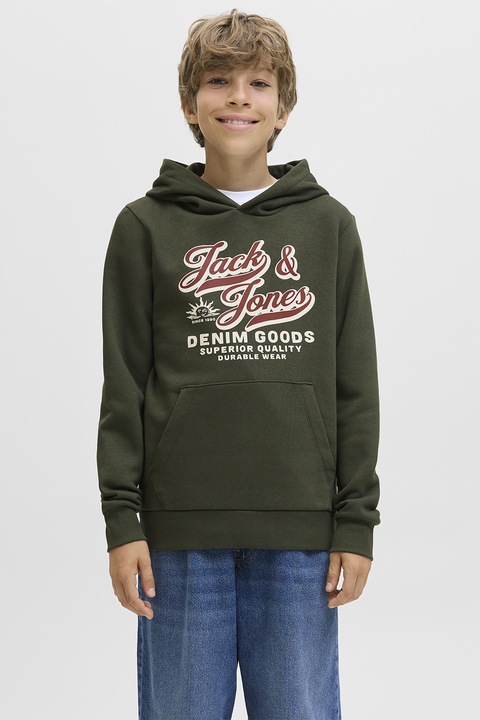 Jack & Jones, Худи с органичен памук с джоб кенгуру, Червен/Слонова кост/Маслинено зелено